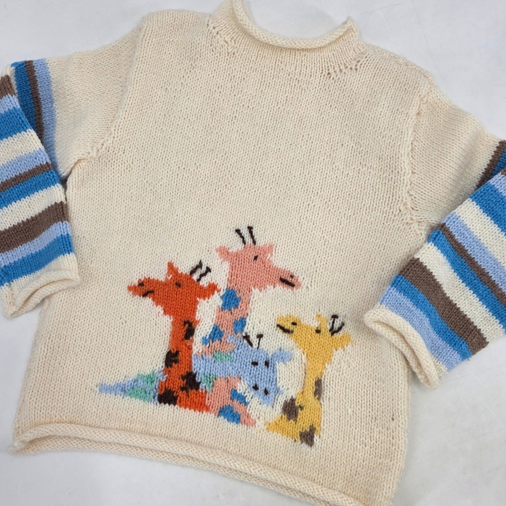 MARY MAXIM PATTERN HAND KNIT SWEATER GIRAFFE KIDS AGE 4 MOCK NECK PULLOVER